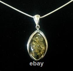 Antique Art Nouveau style Sterling Silver marquise Green Amber Pendant Necklace