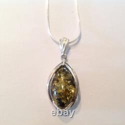 Antique Art Nouveau style Sterling Silver marquise Green Amber Pendant Necklace