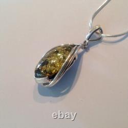 Antique Art Nouveau style Sterling Silver marquise Green Amber Pendant Necklace