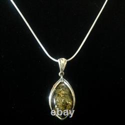Antique Art Nouveau style Sterling Silver marquise Green Amber Pendant Necklace