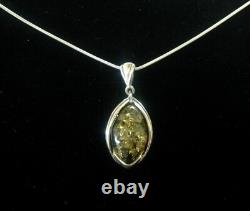Antique Art Nouveau style Sterling Silver marquise Green Amber Pendant Necklace