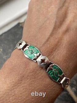 Antique Arts And Crafts Art Nouveau Silver Green Enamelled Bracelet