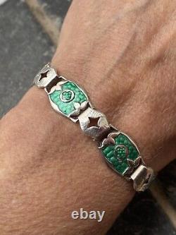 Antique Arts And Crafts Art Nouveau Silver Green Enamelled Bracelet