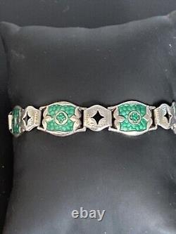 Antique Arts And Crafts Art Nouveau Silver Green Enamelled Bracelet