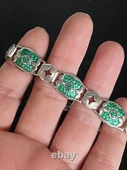 Antique Arts And Crafts Art Nouveau Silver Green Enamelled Bracelet