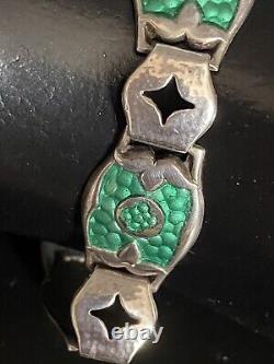 Antique Arts And Crafts Art Nouveau Silver Green Enamelled Bracelet