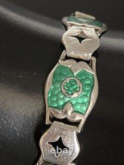 Antique Arts And Crafts Art Nouveau Silver Green Enamelled Bracelet