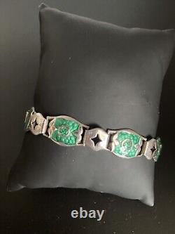 Antique Arts And Crafts Art Nouveau Silver Green Enamelled Bracelet