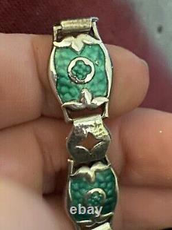 Antique Arts And Crafts Art Nouveau Silver Green Enamelled Bracelet