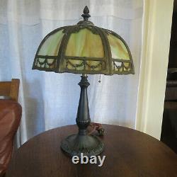 Antique Arts & Crafts Art Nouveau Slag Glass Lamp Early 20th Century Green Glass