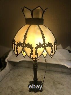 Antique Arts & Crafts Style Table Lamp Curved Bent Cream Green Slag Glass Shade