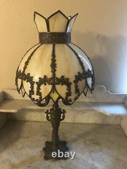 Antique Arts & Crafts Style Table Lamp Curved Bent Cream Green Slag Glass Shade
