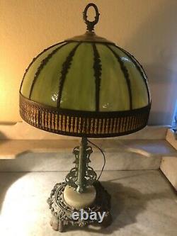 Antique Arts & Crafts Style Table Lamp Curved Bent Green Brown Slag Glass Shade