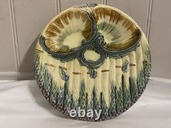 Antique Asparagus & Shell Plate, Majolica Barbotine Art Nouveau Dish RARE