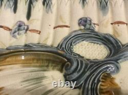 Antique Asparagus & Shell Plate, Majolica Barbotine Art Nouveau Dish RARE