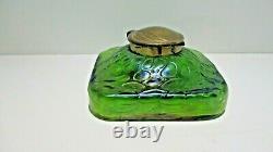 Antique Attributed Loetz Art Nouveau Iridescent Green Glass Inkwell