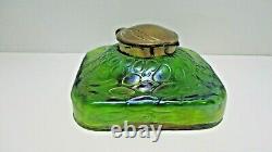 Antique Attributed Loetz Art Nouveau Iridescent Green Glass Inkwell