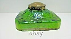 Antique Attributed Loetz Art Nouveau Iridescent Green Glass Inkwell