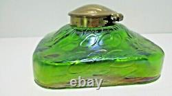 Antique Attributed Loetz Art Nouveau Iridescent Green Glass Inkwell