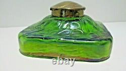 Antique Attributed Loetz Art Nouveau Iridescent Green Glass Inkwell