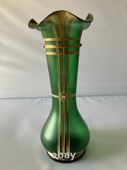 Antique Austrian Art Nouveau Gilt Metal Stones Green Glass Vase Loetz Moser