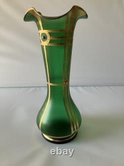 Antique Austrian Art Nouveau Gilt Metal Stones Green Glass Vase Loetz Moser