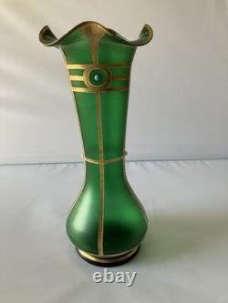 Antique Austrian Art Nouveau Gilt Metal Stones Green Glass Vase Loetz Moser