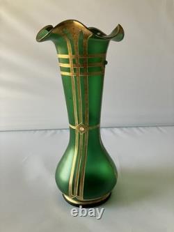 Antique Austrian Art Nouveau Gilt Metal Stones Green Glass Vase Loetz Moser