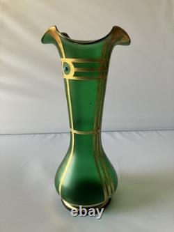 Antique Austrian Art Nouveau Gilt Metal Stones Green Glass Vase Loetz Moser