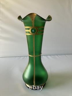 Antique Austrian Art Nouveau Gilt Metal Stones Green Glass Vase Loetz Moser