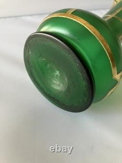 Antique Austrian Art Nouveau Gilt Metal Stones Green Glass Vase Loetz Moser