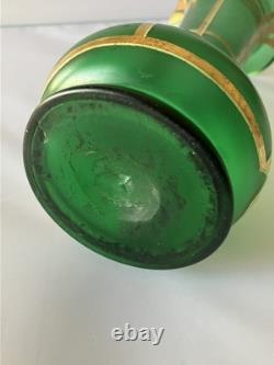 Antique Austrian Art Nouveau Gilt Metal Stones Green Glass Vase Loetz Moser