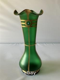 Antique Austrian Art Nouveau Gilt Metal Stones Green Glass Vase Loetz Moser