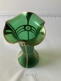 Antique Austrian Art Nouveau Gilt Metal Stones Green Glass Vase Loetz Moser