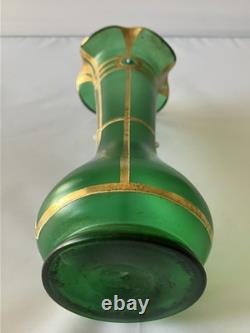 Antique Austrian Art Nouveau Gilt Metal Stones Green Glass Vase Loetz Moser