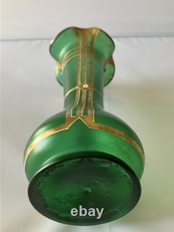 Antique Austrian Art Nouveau Gilt Metal Stones Green Glass Vase Loetz Moser