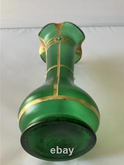 Antique Austrian Art Nouveau Gilt Metal Stones Green Glass Vase Loetz Moser