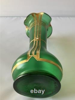 Antique Austrian Art Nouveau Gilt Metal Stones Green Glass Vase Loetz Moser