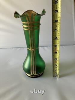 Antique Austrian Art Nouveau Gilt Metal Stones Green Glass Vase Loetz Moser