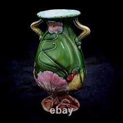 Antique Austrian Art Nouveau Jugendstil Green Water Lily Ceramic Majolica Vase