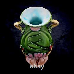 Antique Austrian Art Nouveau Jugendstil Green Water Lily Ceramic Majolica Vase