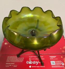 Antique Austrian Art Nouveau LOETZ Iridescent Glass Bowl On Bronze Stand Holder