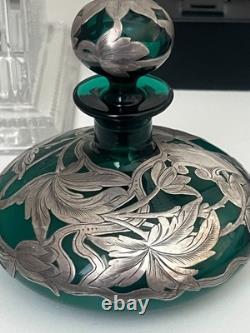 Antique Beautiful Emerald Green Art Nouveau Silver Overlay Perfume Bottle