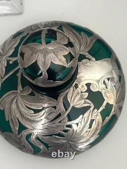 Antique Beautiful Emerald Green Art Nouveau Silver Overlay Perfume Bottle