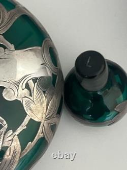Antique Beautiful Emerald Green Art Nouveau Silver Overlay Perfume Bottle