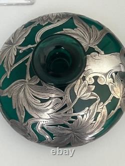 Antique Beautiful Emerald Green Art Nouveau Silver Overlay Perfume Bottle
