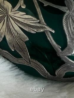 Antique Beautiful Emerald Green Art Nouveau Silver Overlay Perfume Bottle