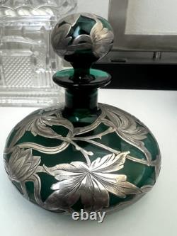 Antique Beautiful Emerald Green Art Nouveau Silver Overlay Perfume Bottle