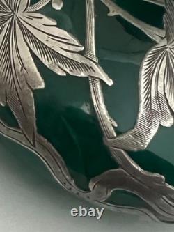 Antique Beautiful Emerald Green Art Nouveau Silver Overlay Perfume Bottle