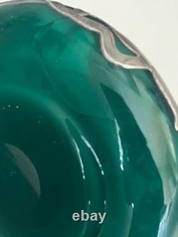 Antique Beautiful Emerald Green Art Nouveau Silver Overlay Perfume Bottle